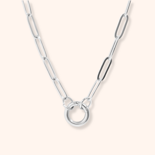 Silver chain necklace on a white background