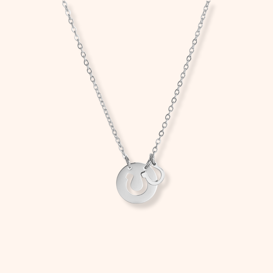 Silver necklace with a round pendant on a light gray background