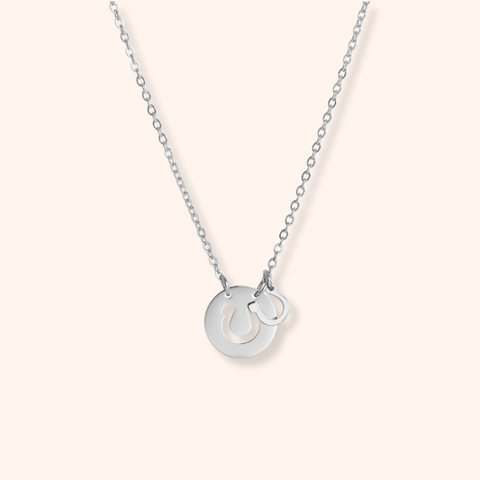 Silver necklace with a round pendant on a light gray background
