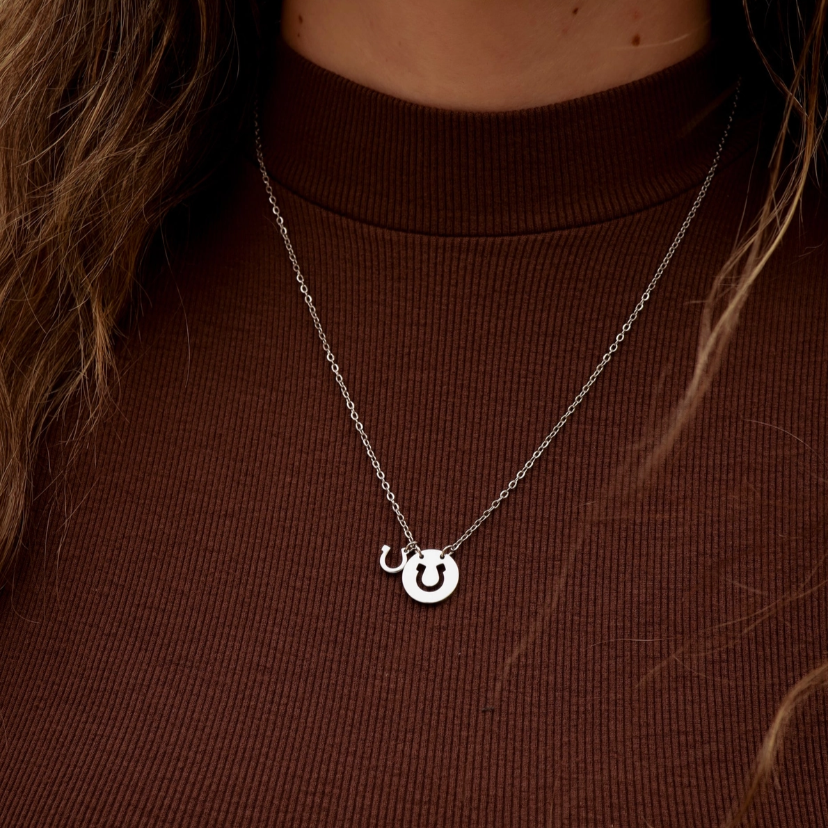 Silver necklace with a pendant on a brown shirt