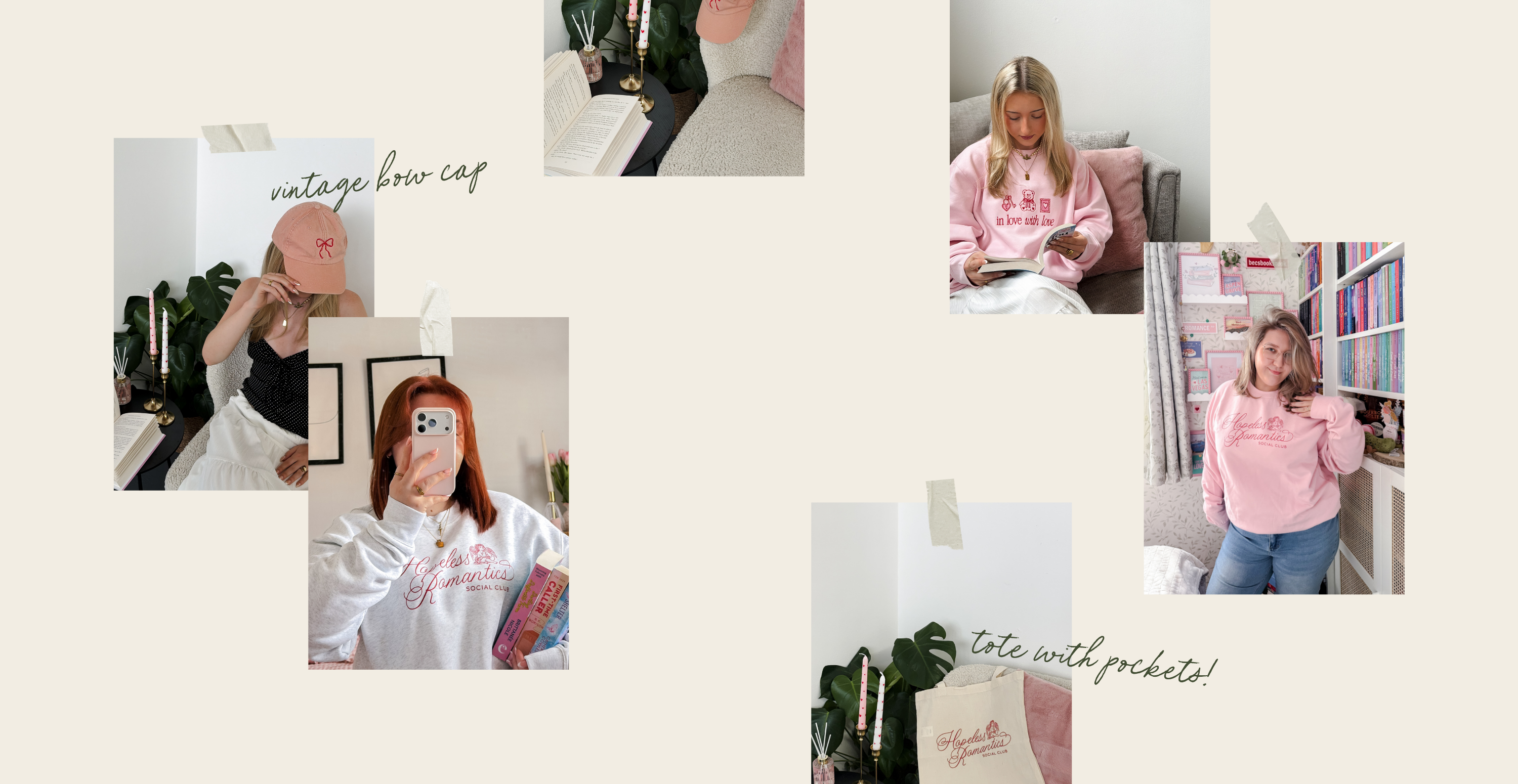 A collage of six lifestyle photos showing a woman wearing a pink hoodie in various indoor settings, with handwritten text overlays on a light beige background.
